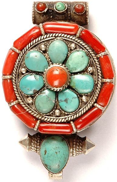Gau Box Gemstone Pendant (Coral and Turquoise)