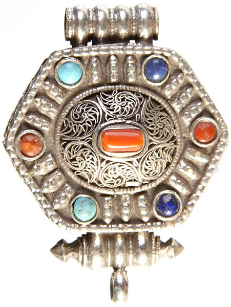 Gau Box Gemstone Pendant with Filigree  (Coral, Lapis lazuli and Turquoise)
