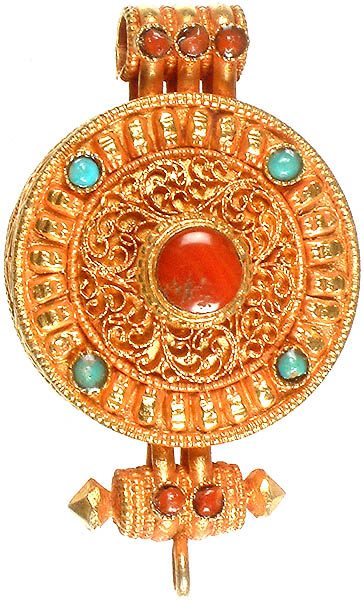 Gau Box Gold Plated Gemstone Pendant with Fine Filigree Work (Coral and Turquoise)
