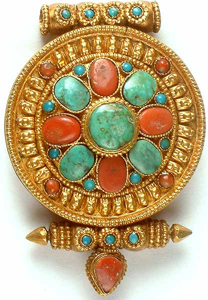 Gau Box Gold Plated Pendant with Turquoise and Coral