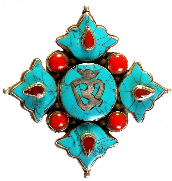 Gau Box Inlay Pendant with Coral and Central Nepalese Om (AUM)