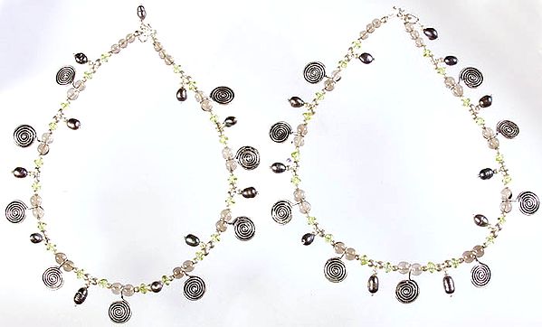 Gemstone Anklets with Spiral (Peridot, Smoky Quartz and Black Pearl) (Price Per Pair)