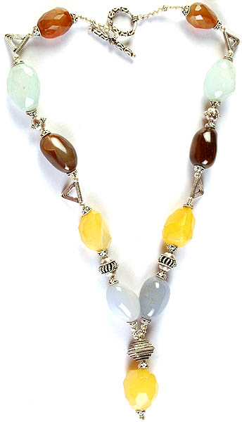 Gemstone Beaded Antiquated Necklace (Dirty Orange Chalcedony, Blue Chalcedony, Smoky Quartz and Yellow Chalcedony)