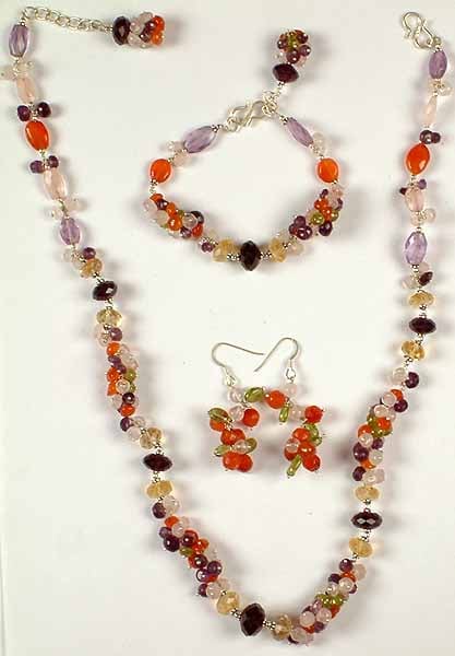Gemstone Beaded Necklace, Bracelet & Earrings Set