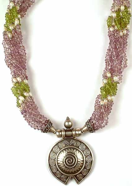 Gemstone Beaded Necklace from Rajasthan with Spirals