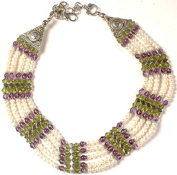 Gemstone Beaded Necklace (Pearl, Amethyst and Peridot)