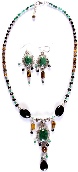 Gemstone Beaded Necklace with Charms and Earrings Set (Malachite, Black Onyx and Tiger Eye)