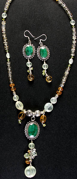 Gemstone Beaded Necklace with Charms and Earrings Set (Prehnite, Emerald, Citrine and Crystal)
