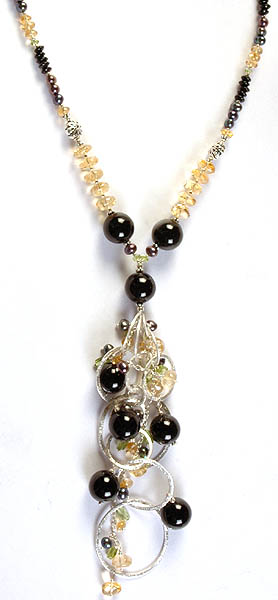 Gemstone Beaded Necklace with Charms (Black Pearl, Citrine and Peridot)