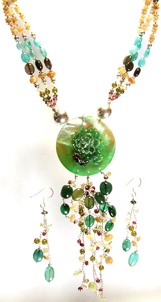 Gemstone Beaded Necklace with Earrings Set ( Peridot, Garnet, Peru Opal, Apatite, Green Aventurine and MOP)
