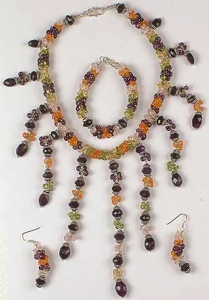 Gemstone Beaded Necklace with Matching Earrings And Bracelet Set<br>(Amethyst, Peridot, Carnelian, Citrine, And Rose Quartz)