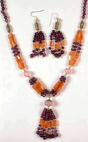 Gemstone Beaded Necklace With Matching Earrings Set