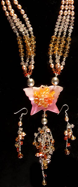 Gemstone Beaded Necklace with Shower and Earrings Set (Citrine, Amber, Carnelian, Pearl, Rose Quartz and MOP)