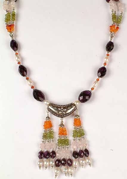 Gemstone Beaded Necklace With Showers<br>(Amethyst, Carnelian, Pearl, And Peridot)