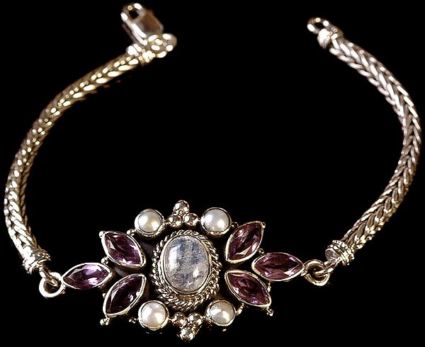 Gemstone Bracelet (Amethyst, Pearl and Rainbow Moonstone)