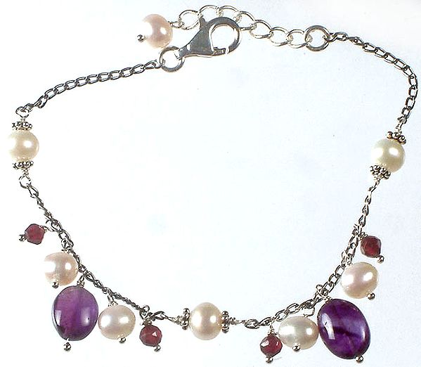 Gemstone Bracelet (Pearl, Amethyst and Faceted Garnet)