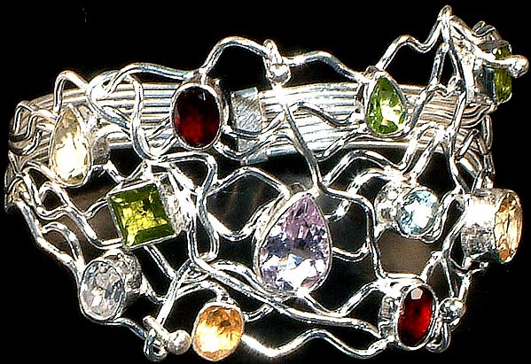 Gemstone Bracelet with Sterling Veins (Amethyst, Blue Topaz, Citrine, Lemon Topaz, Peridot and Rainbow Moonstone)