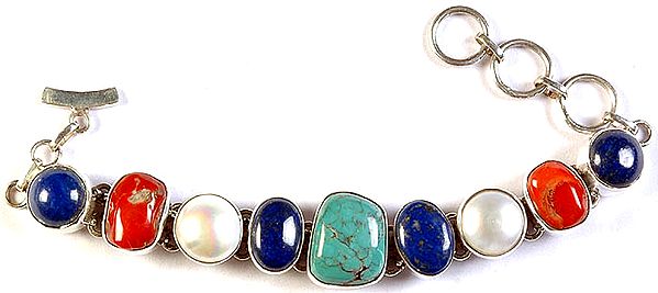 Gemstone Bracelet with Toggle Lock (Lapis Lazuli, Coral, Pearl and Central Turquoise)