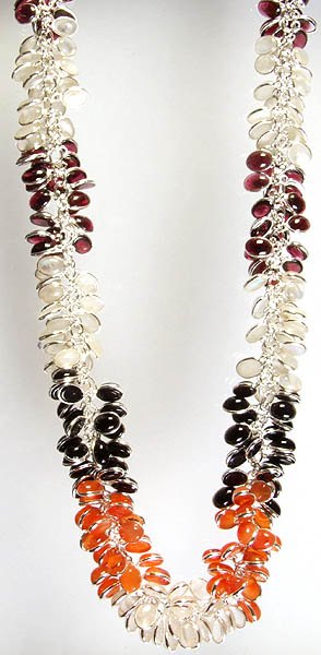 Gemstone Bunch Necklace (Garnet, Rainbow Moonstone, Black Onyx and Carnelian)