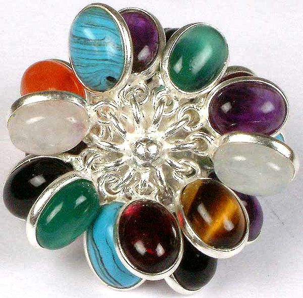 Gemstone Bunch Ring with Central Flower