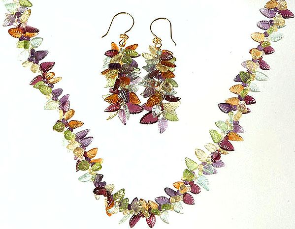 Gemstone Carved Leaves Bunch Necklace with Earrings Set (Aquamarine, Amethyst, Garnet, Peridot, Citrine, and Blue Topaz)