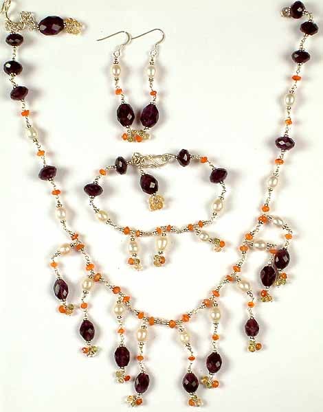 Gemstone Chandelier Necklace with Matching Bracelet & Earrings