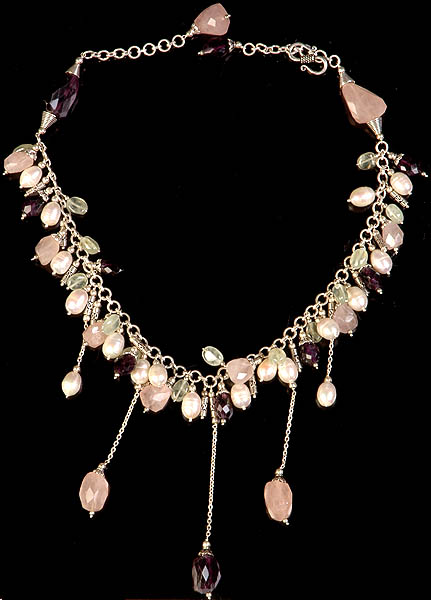 Charming Gemstone Necklace (Rose Quartz, Amethyst, Aquamarine and Pearl)