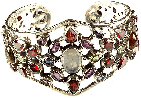 Gemstone Cuff Bracelet (Faceted Citrine, Iolite, Peridot, Amethyst, Garnet with Central Rainbow Moonstone)