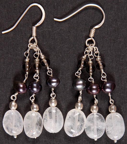 Gemstone Earrings (Pearl, Rainbow Moonstone and Smoky Quartz)
