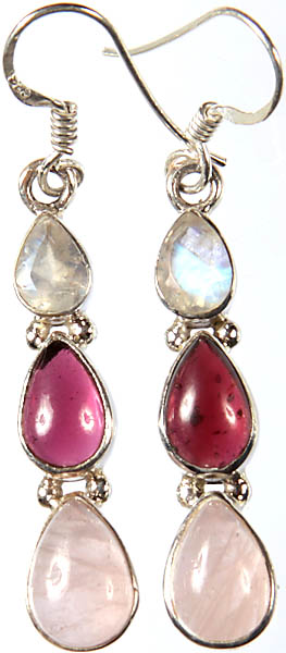 Gemstone Earrings (Rainbow Moonstone, Garnet and Smoky Quartz)