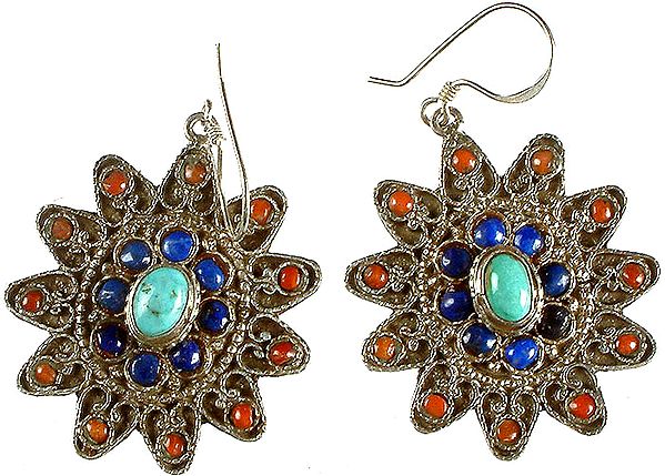 Gemstone Flower Antiquated Earrings (Coral, Lapis Lazuli and Central Turquoise)