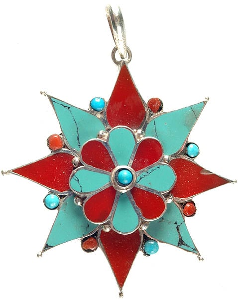 Gemstone Flower Mandala Pendant (Coral and Turquoise)