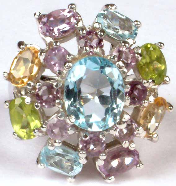 Gemstone Flower Ring (Blue Topaz, Amethyst, Citrine and Peridot)