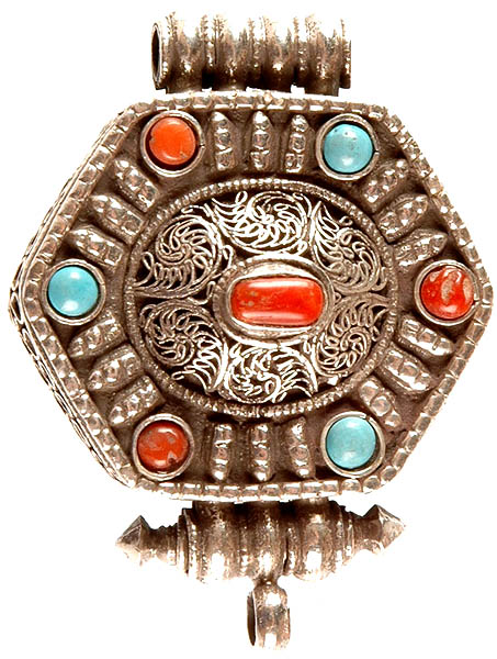 Gemstone Gau Box Pendant with Brilliant Filigree Work (Coral and Turquoise)