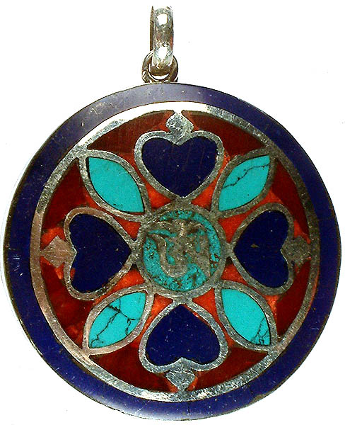 Gemstone Inlay Pendant with Central Om