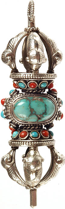 Gemstone Large Dorje Pendant (Coral, Lapis Lazuli and Turquoise)