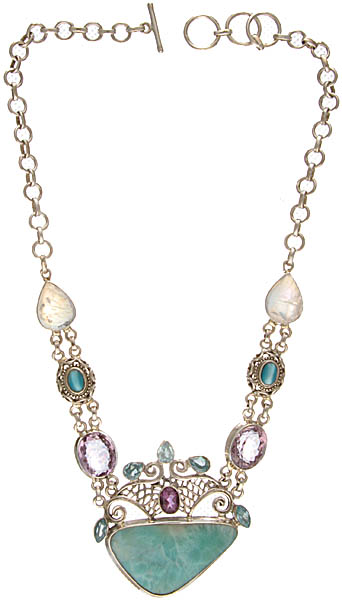 Gemstone Necklace (Larimar, Blue Topaz, Monalisa, Amethyst and Rainbow Moonstone)
