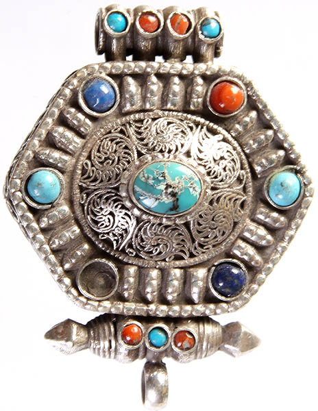 Gemstone Gau Box Pendant (Turquoise, Coral and Lapis Lazuli)