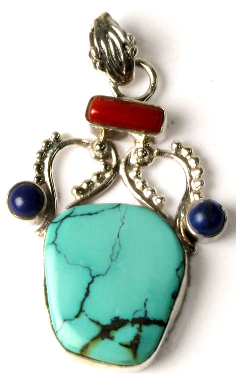 Gemstone Pendant (Turquoise, Coral and Lapis Lazuli)