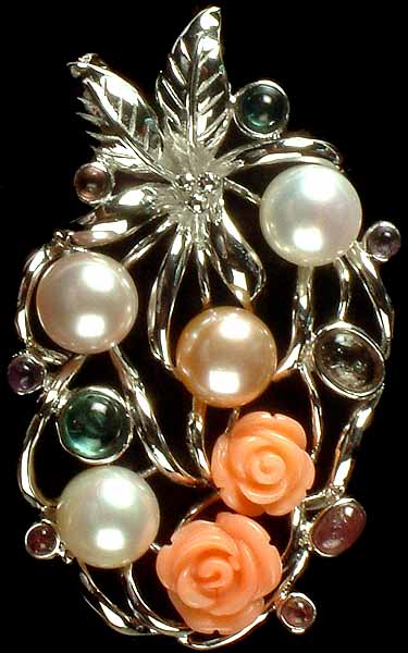 Gemstone Pendant with Carved Coral Rose (Pearl, Amethyst, Green Tourmaline and Pink Tourmaline)