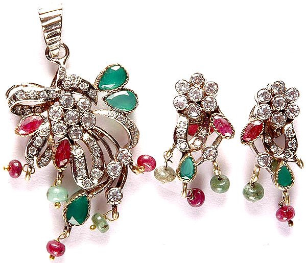 Gemstone Pendant with Earrings (Ruby, Emerald and Green Onyx)