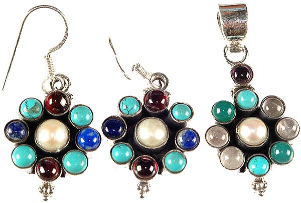 Gemstone Pendant with Earrings Set (Turquoise, Garnet, Lapis Lazuli, Moonstone and Pearl)