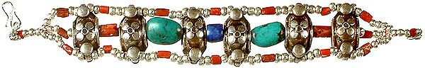 Gemstone Tribal Bracelet from Ladakh (Coral, Turquoise and Lapis Lazuli)