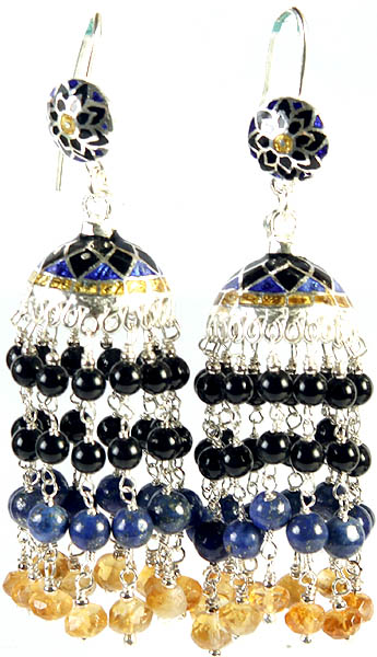 Gemstone Umbrella Meenakari Chandeliers (Black Onyx, Lapis Lazuli and Citrine)