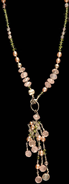 Gemstones Charming Necklace (Rose Quartz, Pink Pearl, Peridot and Spiral)