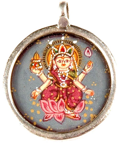 Goddess Lakshmi Holds Purnaghata, Lotus and Sprouting Gold Coins