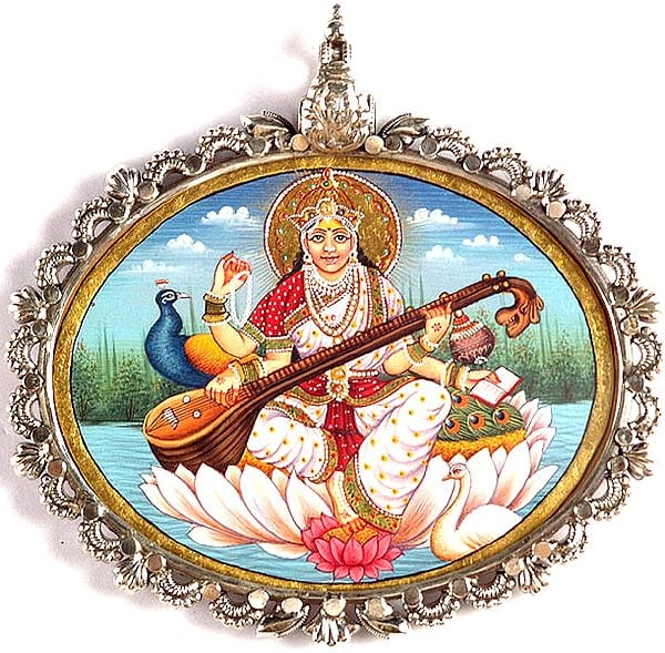 Goddess Saraswati Seated on a Lotus in Cosmic Waters with Peacock and Swan