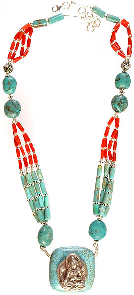 Goddess White Tara Necklace with Turquoise and Coral