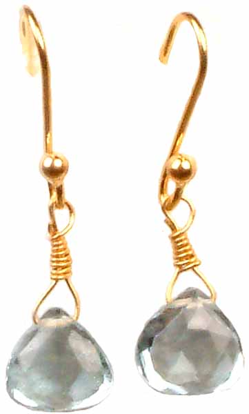 Gold Earrings with Fine Cut Blue Topaz Briolette