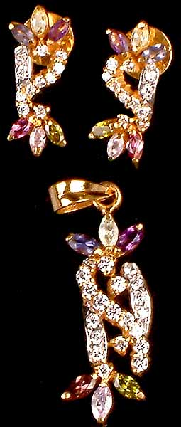 Gold Pendant & Earrings Set with Multi Sapphires & Diamonds